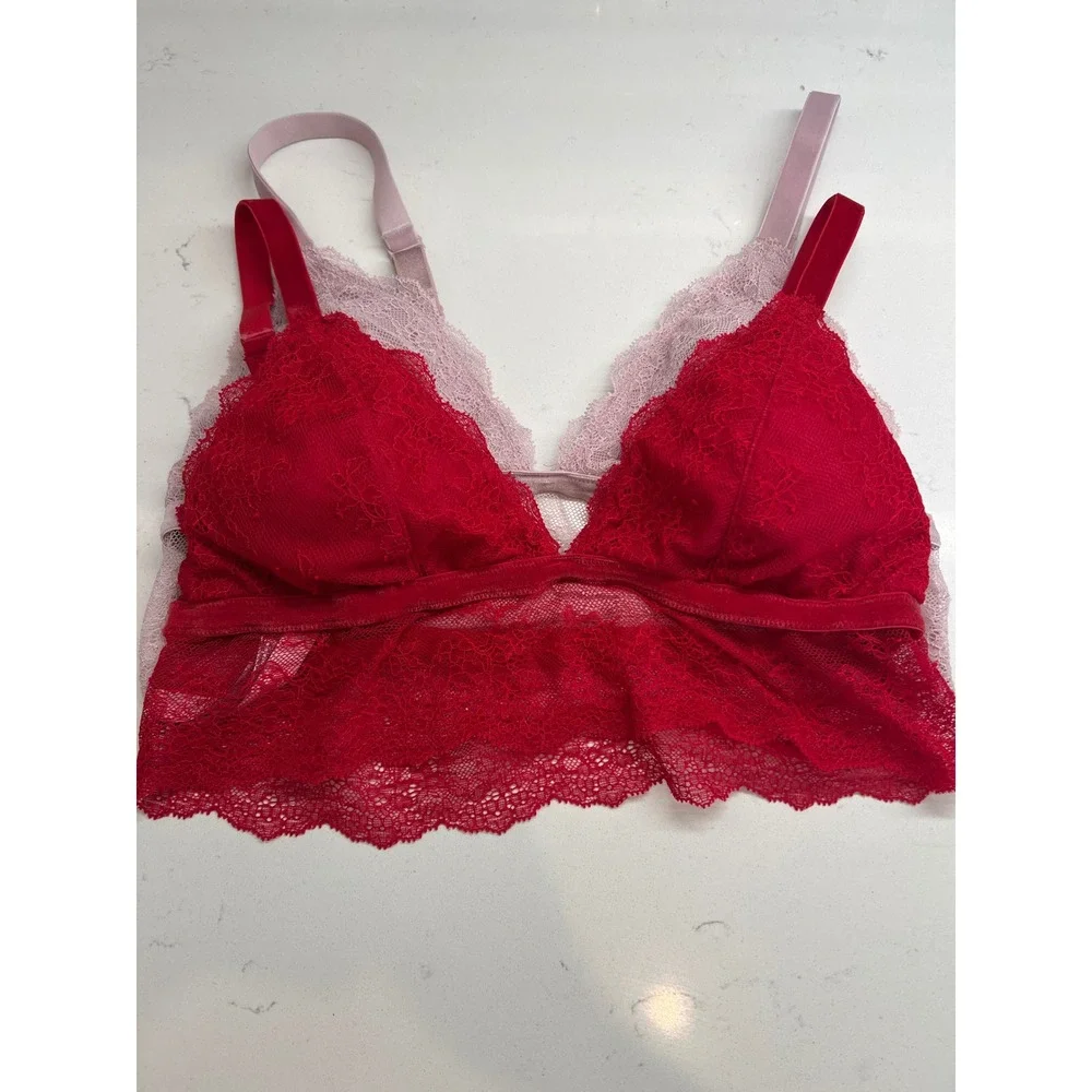 Victoria's‎ Secret Chantilly Lace Long Line Bralette Velvet Strap Large Red Pink